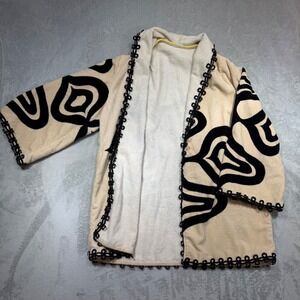 Vintage 60s Terry Cloth Robe Jacket Cream Black Abstract Swirl Loop Trim OS